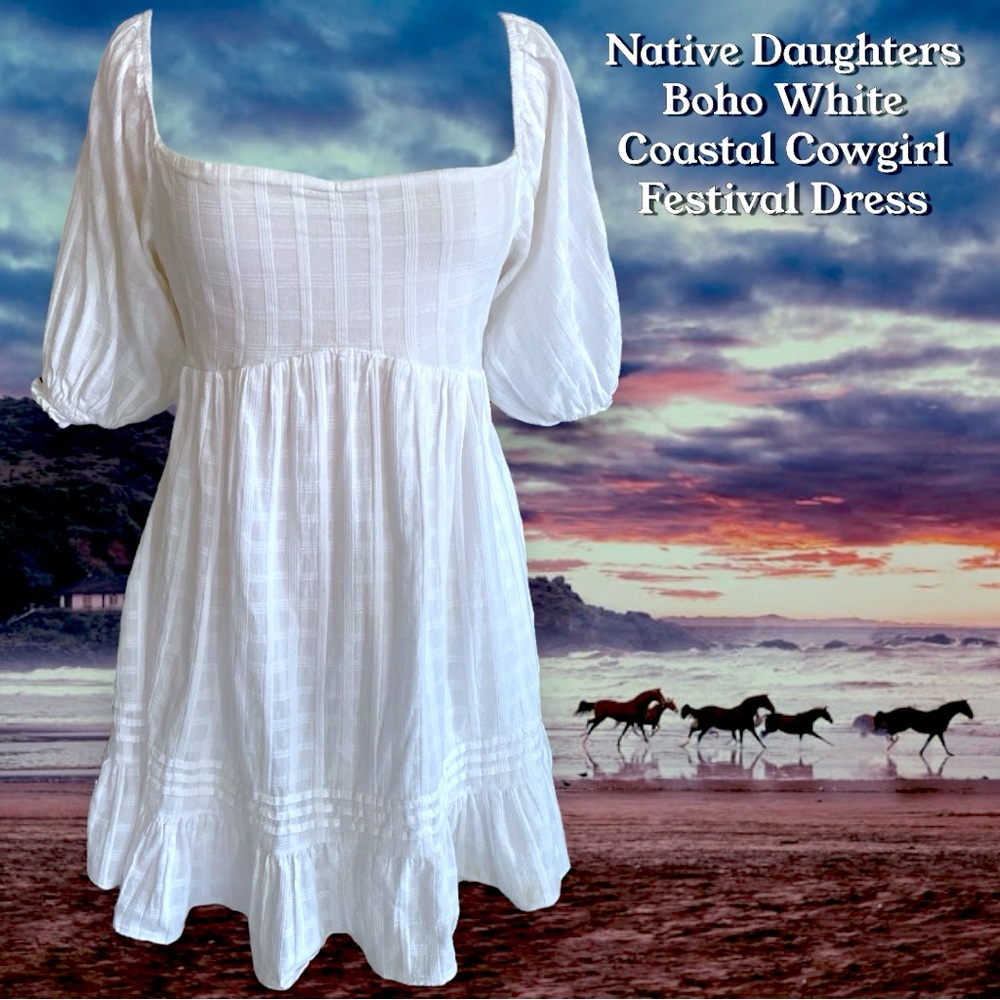 Native Daughters‎ White Cotton Boho Coastal Cowgirl Festival Dress 100% Cotton